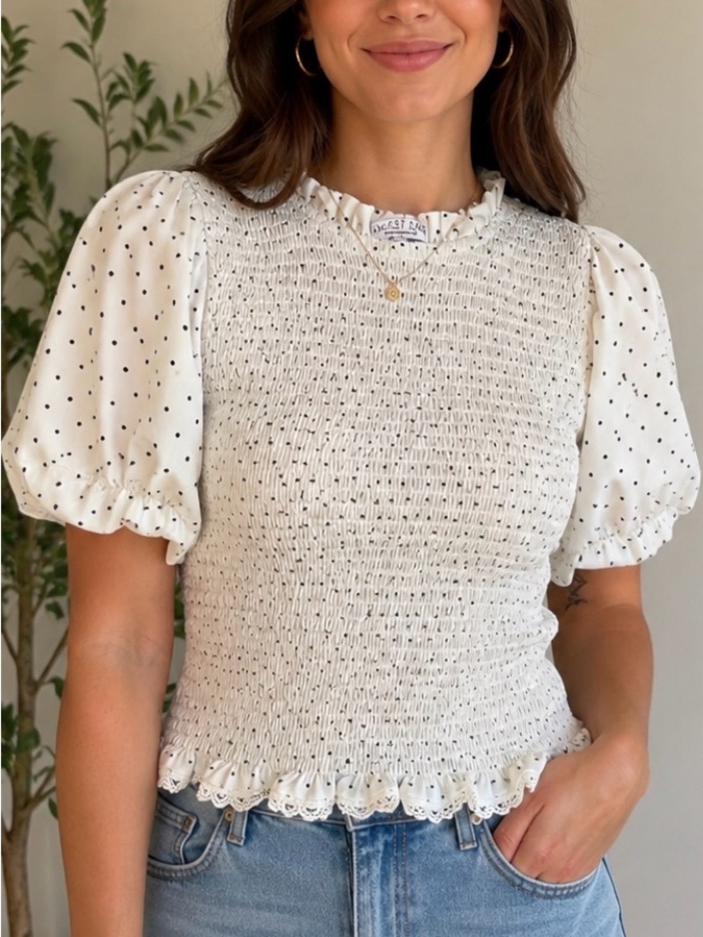 Sweet Rain White Black Polka Dot Smocked Puff Sleeve Blouse Top Size L